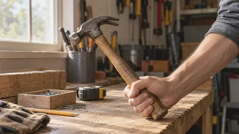 A hand picking up a wooden-handled claw hammer from a workbench, with a tape measure, nails and a pencil nearby