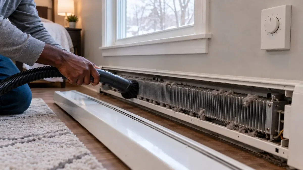 Vacuuming dust off the fins of an electric baseboard heater with its cover removed
