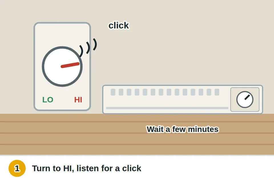 Wall thermostat dial turned all the way up to HI, listening for the click that switches the baseboard heater on