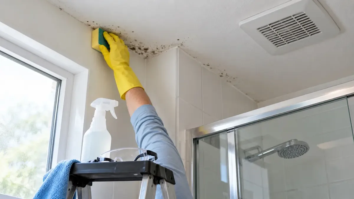 Gloved hand scrubbing black mildew spots off a bathroom ceiling corner above the shower