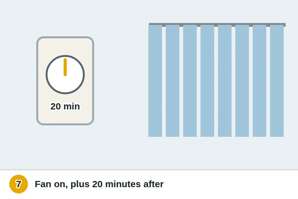 Timer switch set to 20 minutes next to the shower, with the curtain spread open to dry