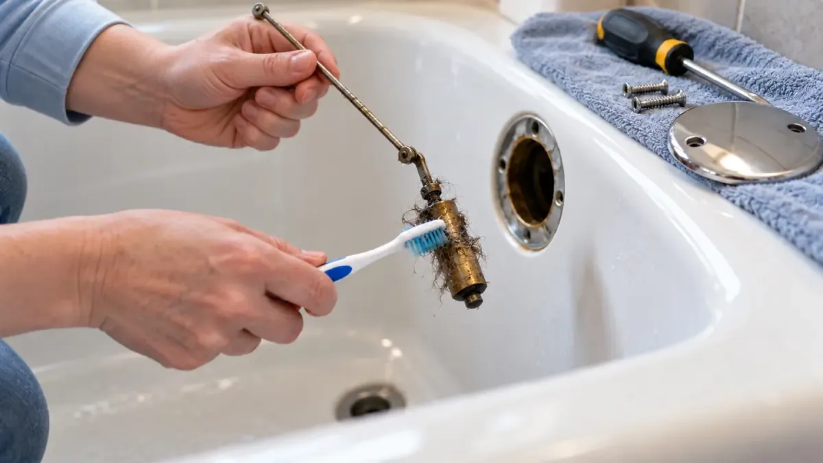 Cleaning hair off a tub stopper linkage pulled out through the overflow opening