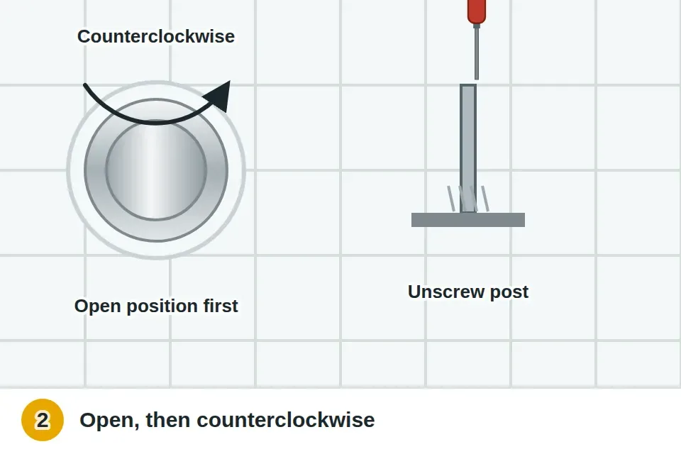 Toe-touch stopper in the open position turned counterclockwise off its post, then the threaded post unscrewed from the drain crossbar with a flathead screwdriver