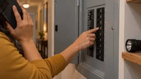 Resetting a tripped breaker while on the phone, a flashlight on the shelf beside the panel