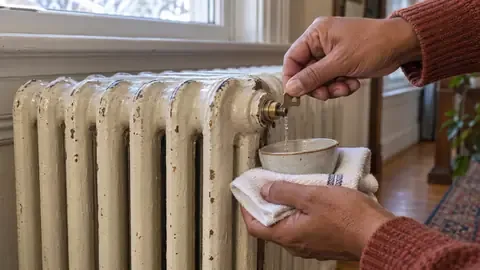 A radiator key turning the bleed valve at the top corner of a painted cast-iron radiator, with a cloth and cup catching drips