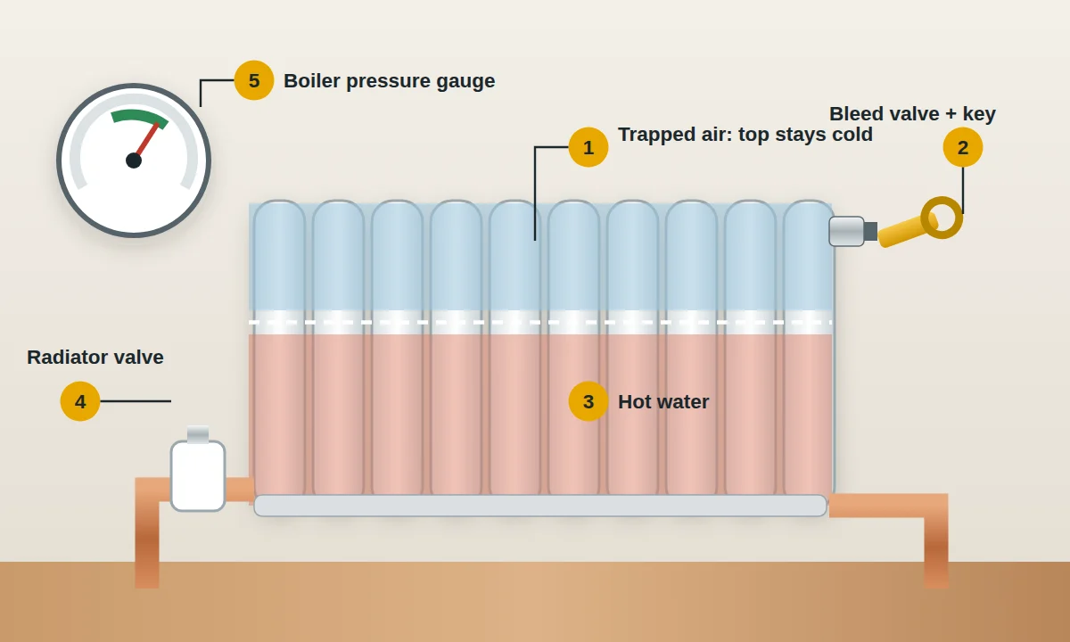 Radiator with trapped air keeping the top cold, the bleed valve and key at the top corner, and the boiler pressure gauge