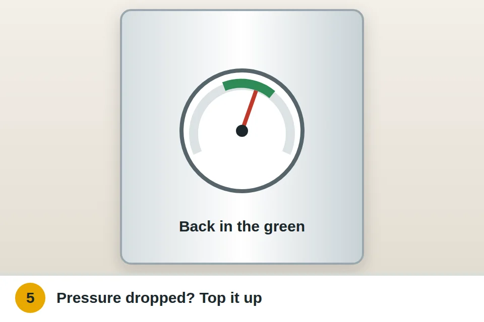Boiler pressure gauge checked after bleeding, with the needle back in the normal green range