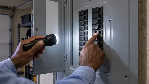 A hand reaching for a tripped breaker in an open electrical panel, lit by a flashlight in a garage