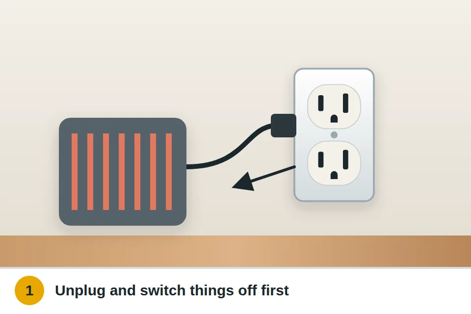 Hand unplugging a space heater from a wall outlet before resetting a tripped breaker