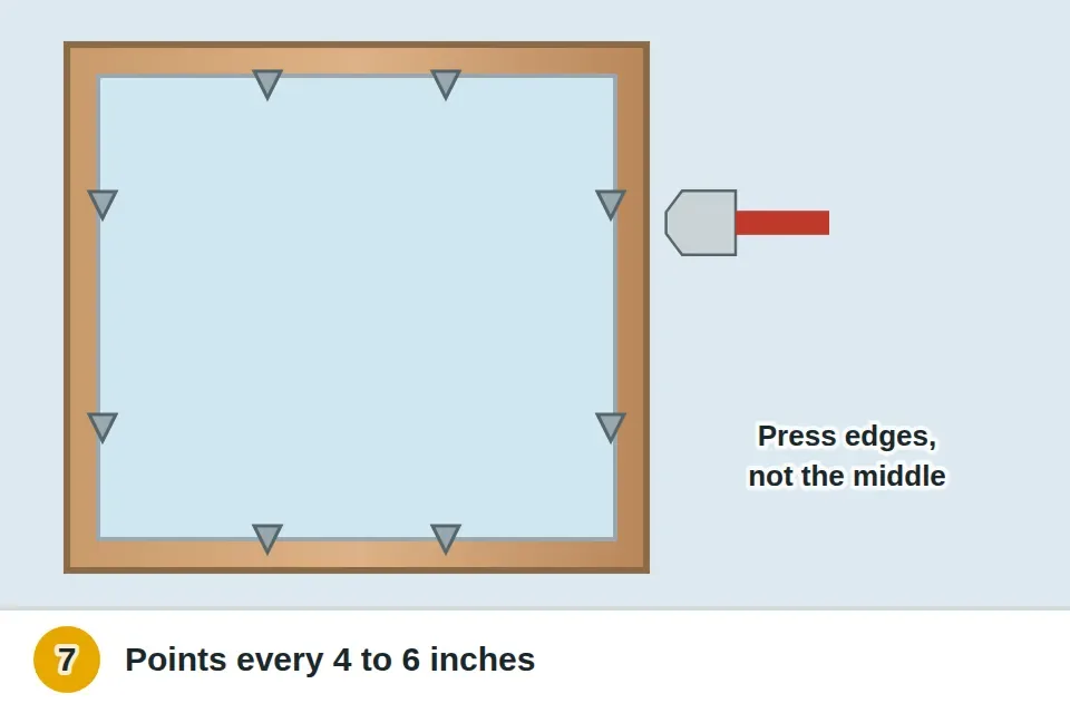 New glass pressed into a thin bed of glazing compound by its edges, and glazier's points pushed into the wood every 4 to 6 inches with a point setter