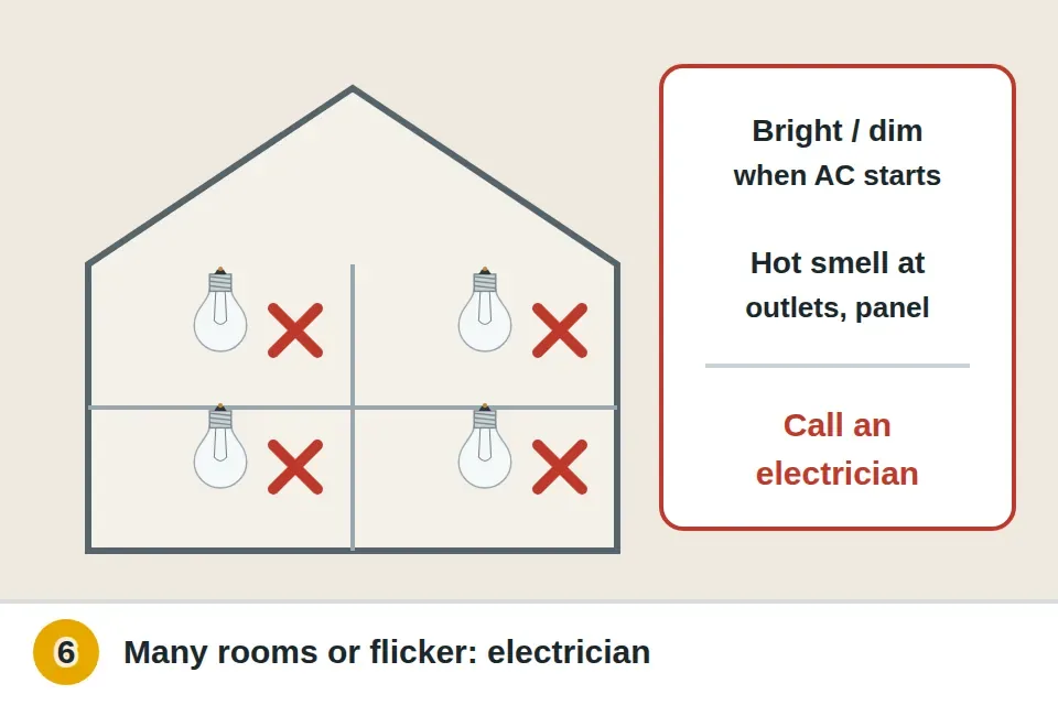 House with bulbs failing in many rooms, some lights brightening while others dim, and a hot smell near outlets or the panel, which call for an electrician