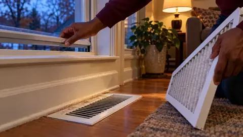Pulling a dusty furnace filter while checking a floor register in a lamp-lit living room