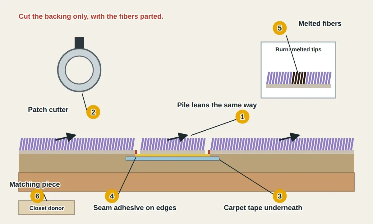 Cross-section of carpet over pad and subfloor: a burned spot with melted fibers cut out down to the pad, a matching plug cut from a closet, double-sided carpet tape under the opening bridging the edges of the surrounding carpet, the patch set with its pile leaning the same way as the carpet around it, seam adhesive on the cut backing edges, and a round carpet patch cutter.