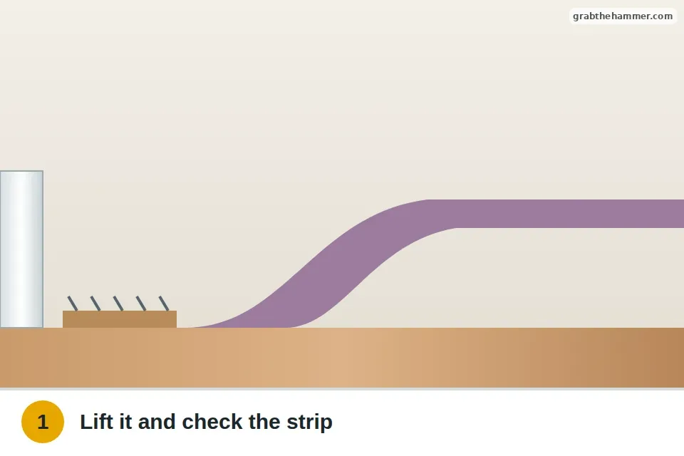 Carpet edge lifted to show the tack strip nailed along the wall