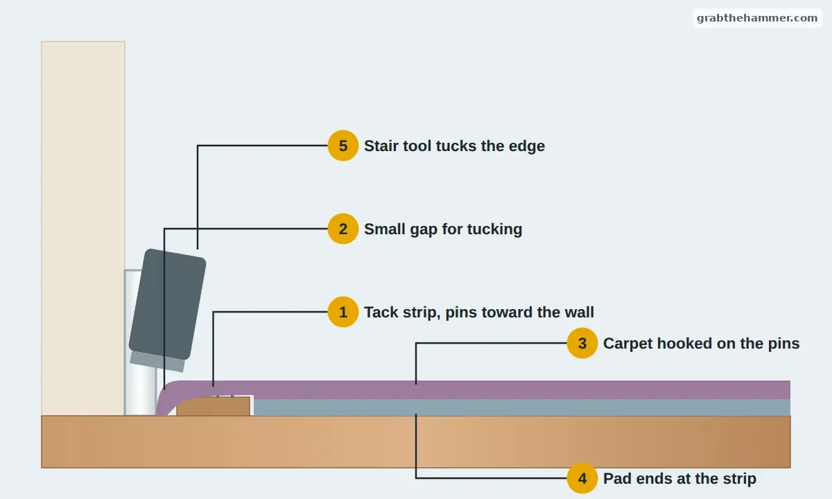 Cross-section of a carpet edge showing the tack strip with pins toward the wall, the gap at the baseboard, the pad and the carpet tucked in with a stair tool