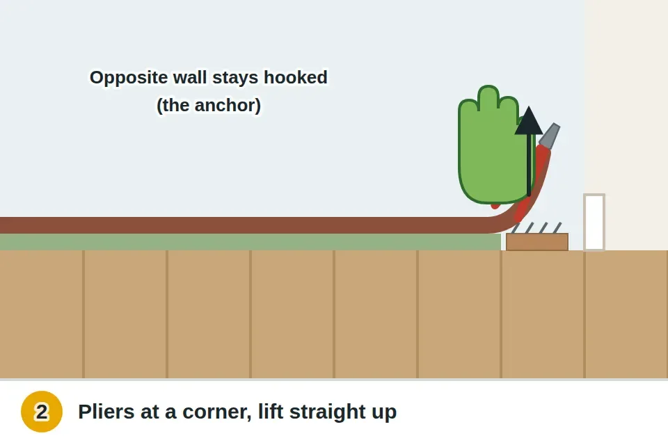 Gloved hand with pliers pulling the carpet corner straight up off the tack strip along the loose wall, while the opposite wall stays attached as the anchor