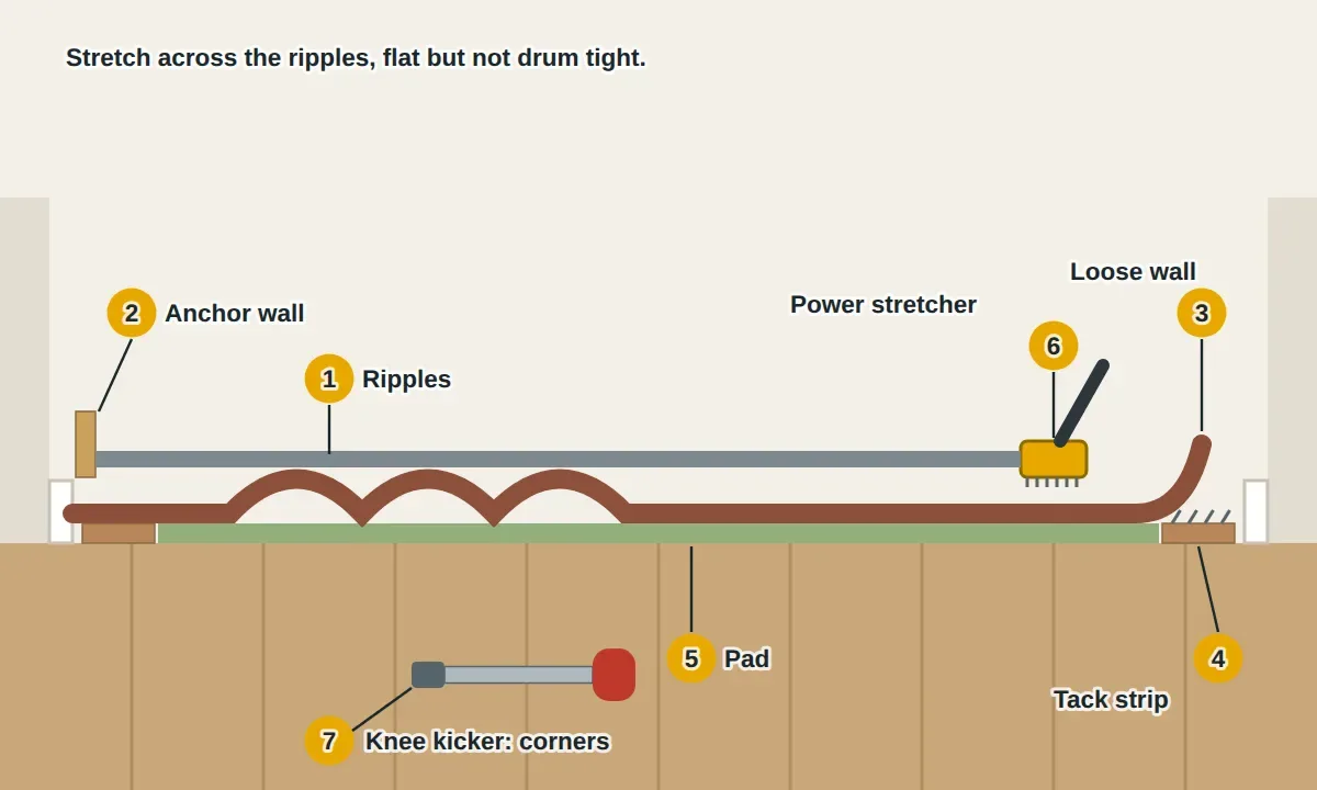 Cross-section of a carpeted room with ripples running across the carpet: the anchor wall where the carpet stays hooked, the loose wall where it's pulled off the tack strip, the tack strip with angled pins near the baseboard, the pad under the carpet trimmed to meet the strip, a power stretcher braced against the anchor wall with a board protecting the baseboard and its head about six inches from the loose wall, a knee kicker for corners, and the trimmed edge tucked into the gap between the strip and the wall.