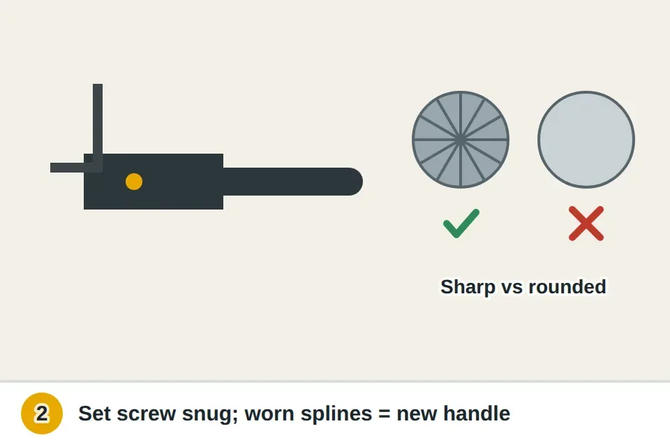Allen key tightening the small set screw on the side of a casement crank handle, with a close-up of rounded worn splines next to sharp good ones