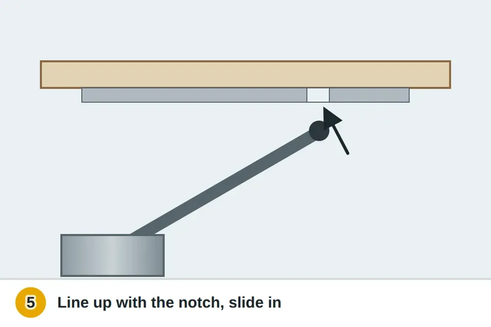 Operator arm's roller lined up with the notch in the sash track and slid back in, shown with an arrow