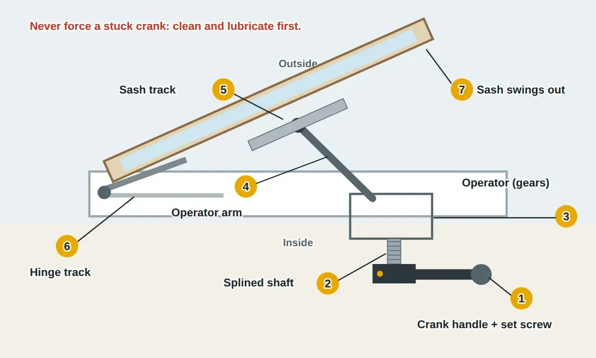 Top-down view of a casement window swung partly open. Inside on the sill sits the operator gearbox with a crank handle on its splined shaft, held by a set screw. An operator arm runs from the gearbox to a track on the bottom of the sash. Metal hinges ride in tracks at the top and bottom of the sash, and the sash itself swings outward.