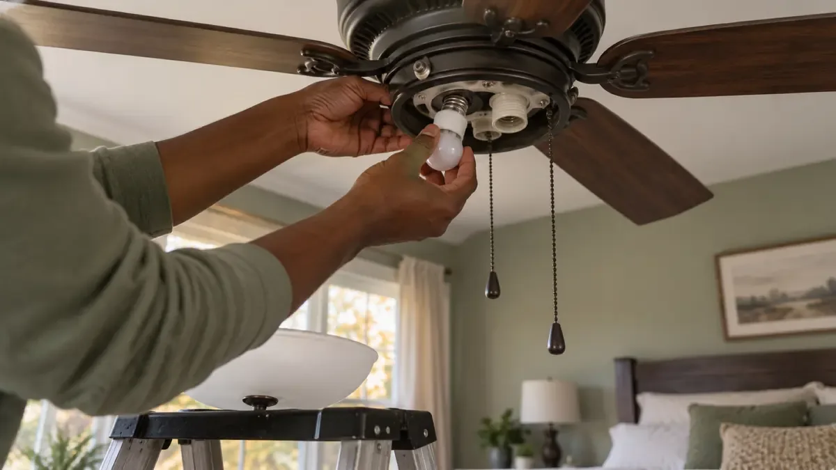Screwing a new LED bulb into a ceiling fan light kit with the glass bowl set on the ladder