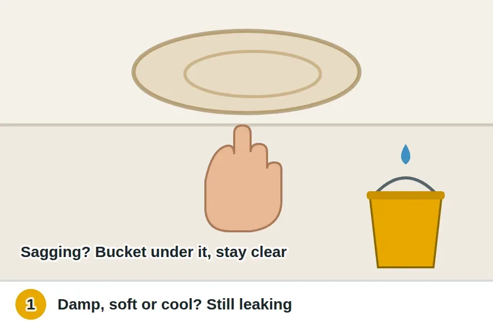 Fingertips pressing gently on a brown ceiling stain to feel whether it's damp