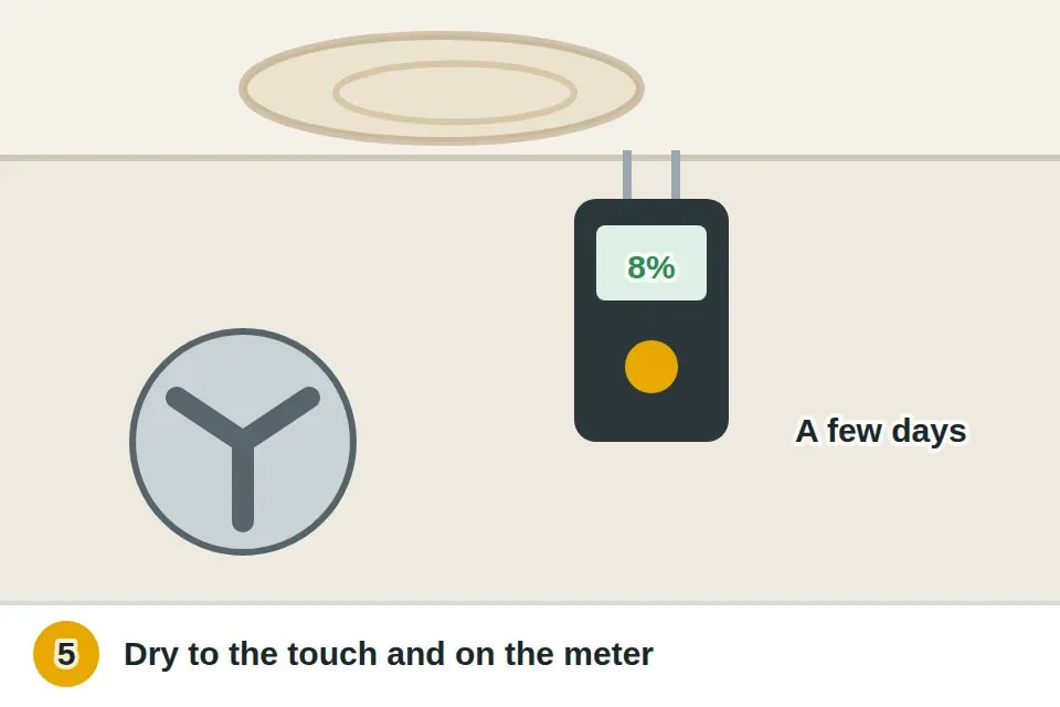 Moisture meter pressed against the ceiling showing a dry reading, with a fan running below
