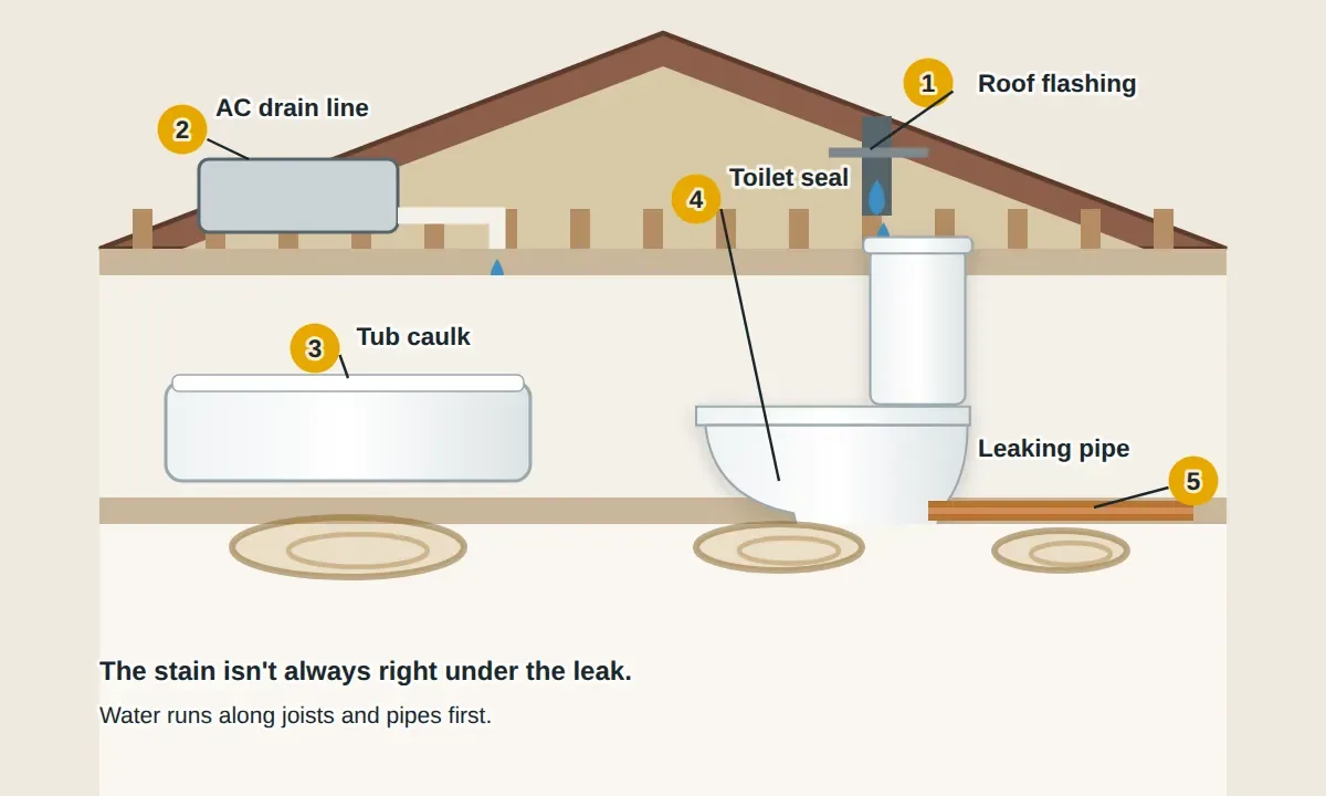 A house cutaway showing a brown water stain on a ceiling and the four usual sources above it: a roof leak at the flashing, a bathroom above with a tub and toilet, an air conditioner drain line in the attic, and a leaking pipe in the ceiling.