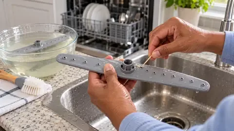 Hands poking a toothpick into the spray holes of a removed dishwasher spray arm at the kitchen sink, with a second arm soaking in a bowl