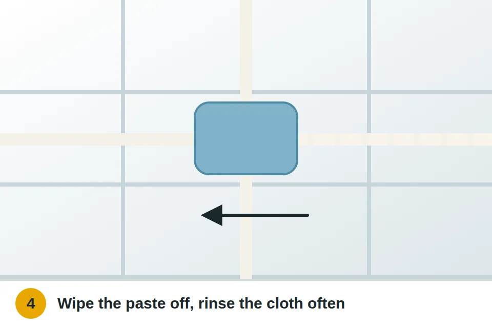 Damp microfiber cloth wiping away baking soda paste and revealing clean grout