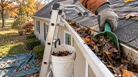 A gloved hand scooping wet leaves out of a gutter with a plastic scoop from a ladder, with a bucket and tarp below