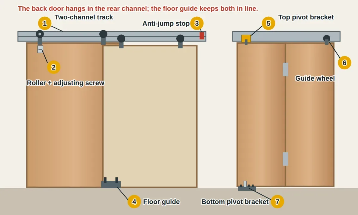 Two kinds of closet doors. On the left, sliding bypass doors hang from rollers in a two-channel top track, with an adjusting screw on each roller, an anti-jump stop on the track and a floor guide at the bottom where the doors overlap. On the right, a bifold door with a top pivot pin in a bracket in the track, a guide wheel at the top of the free panel, and a bottom pivot pin set in a notched floor bracket.