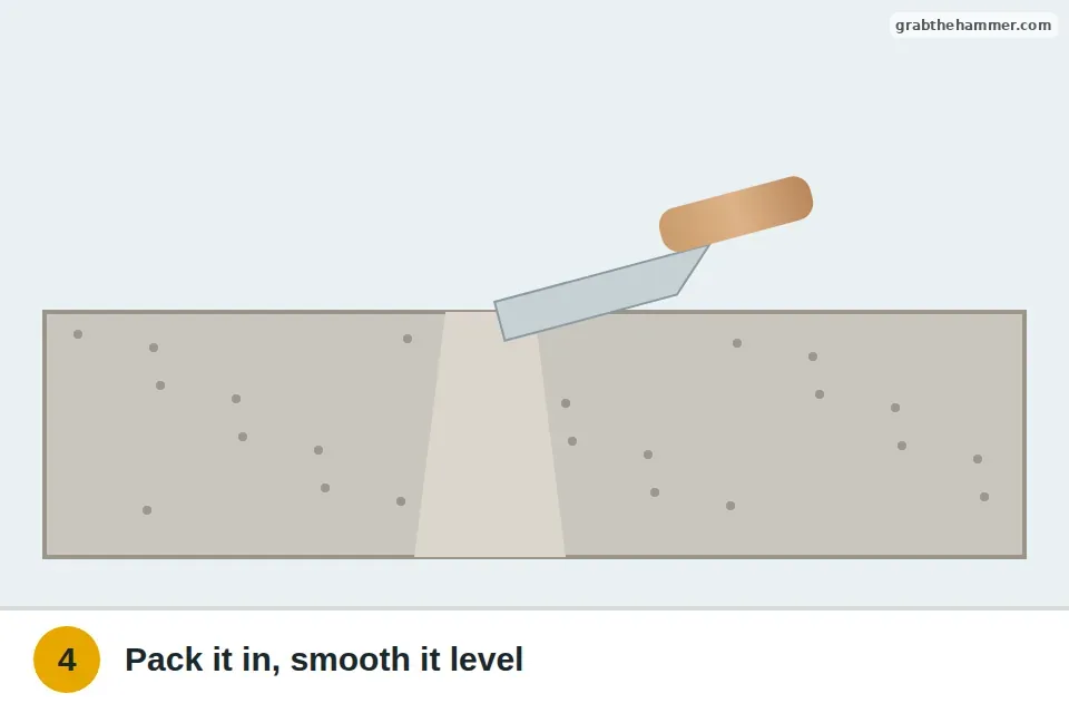 Trowel pressing patching compound into the undercut crack and smoothing it level