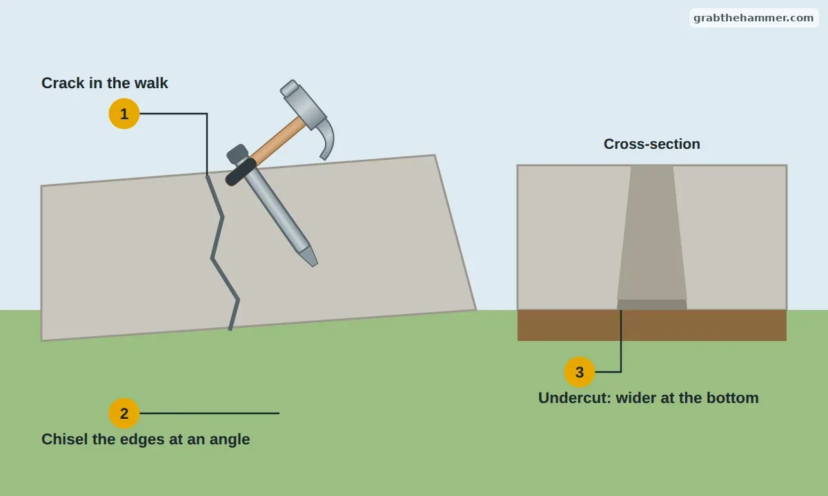 Concrete walk with a crack, a hammer and chisel undercutting it, and a cross-section showing the crack wider at the bottom
