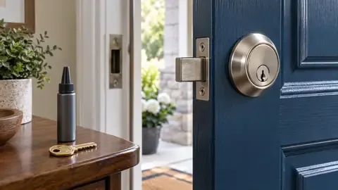 A deadbolt on a blue front door, with a bottle of graphite lubricant and a key set on a table beside it