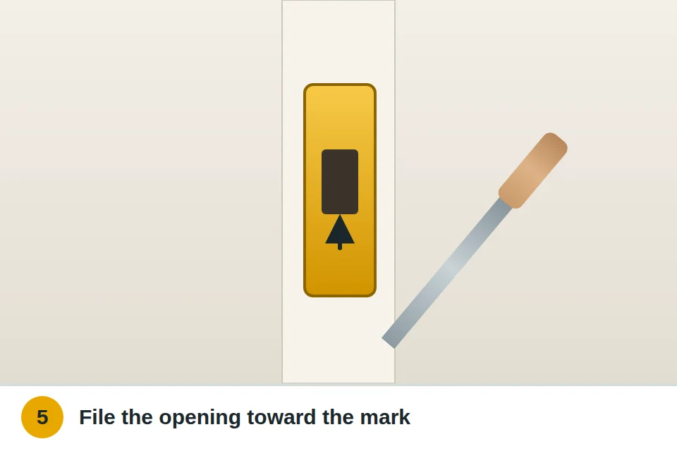 Small file widening the strike plate opening slightly toward the lipstick mark