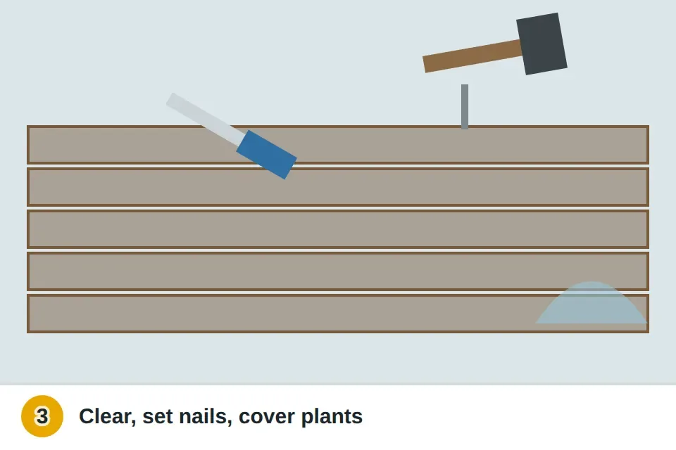 Deck cleared of furniture, a putty knife clearing debris from the gaps between boards, a hammer setting a popped nail, and plastic sheeting over nearby plants