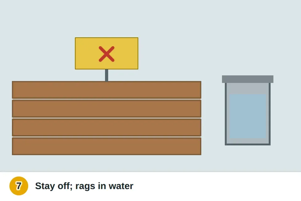 Sealed deck with a sign keeping people and pets off, and oily rags placed in a metal can filled with water with a lid