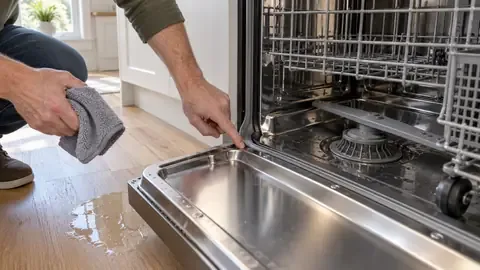 Checking the rubber door gasket of an open stainless dishwasher next to a small puddle on the floor