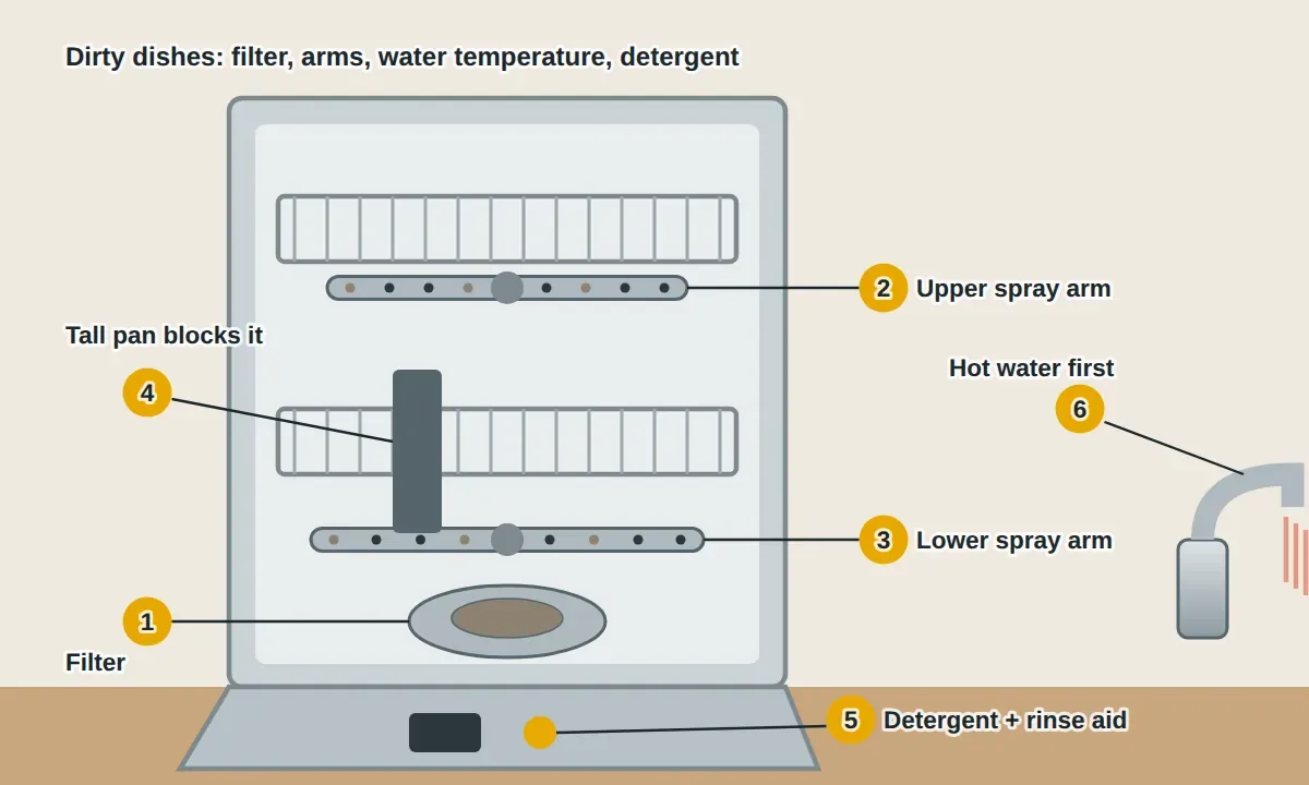 An open dishwasher: the filter in the floor of the tub clogged with food, the lower and upper spray arms with blocked holes, the detergent door blocked by a tall pan, a rinse aid dispenser, and a faucet running hot water before the cycle.