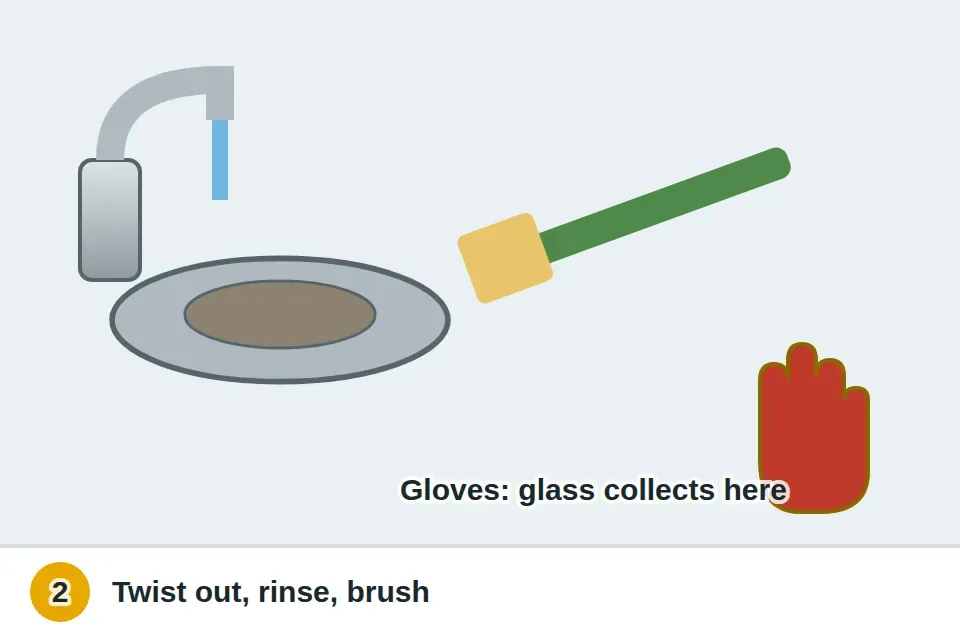 Round dishwasher filter twisted out and rinsed under a faucet while a soft brush scrubs the mesh
