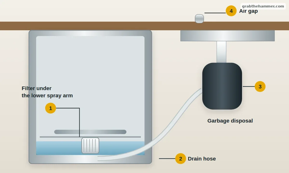 Dishwasher cutaway showing the filter under the spray arm, drain hose, garbage disposal and countertop air gap