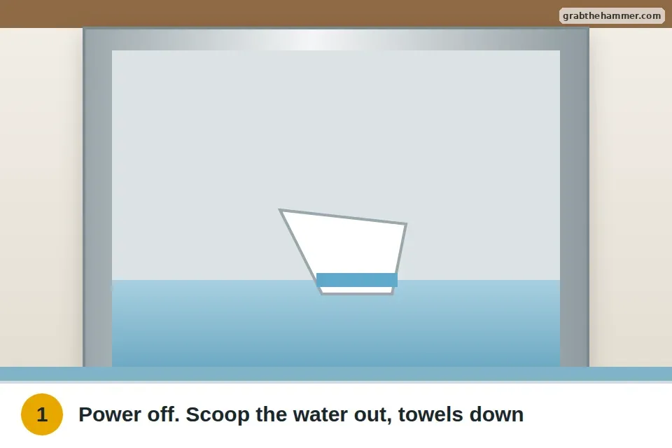 Cup scooping standing water from the bottom of a dishwasher with towels on the floor