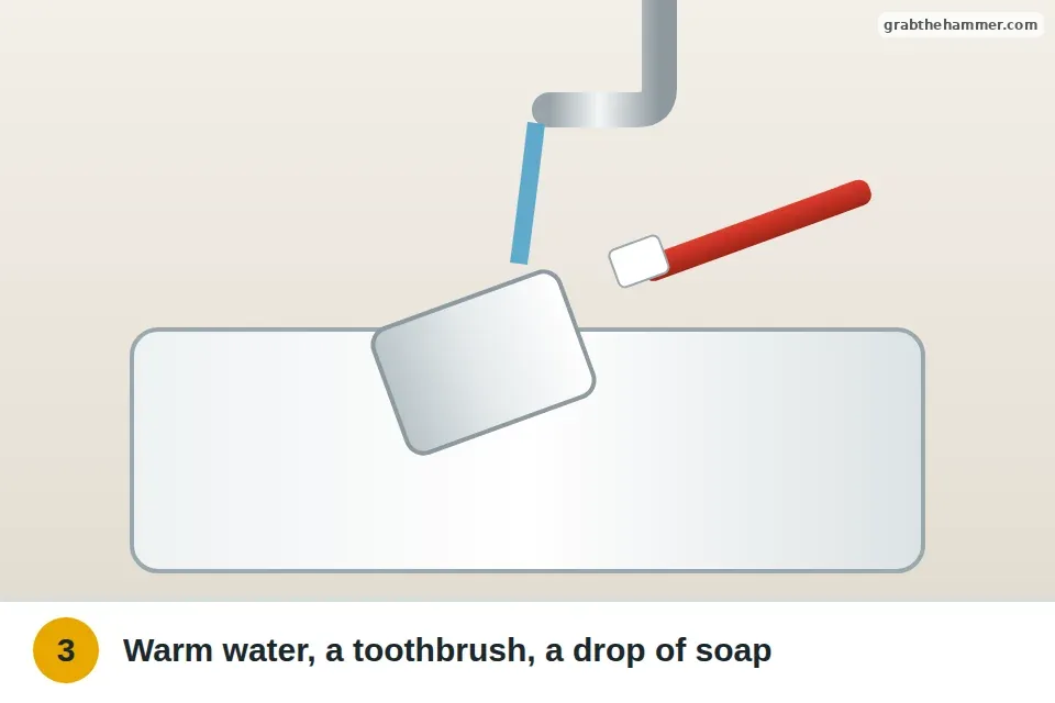 Dishwasher filter scrubbed with a toothbrush under warm running water