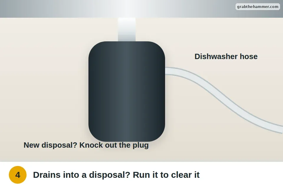 Garbage disposal under the sink with the dishwasher drain hose connected to its side inlet