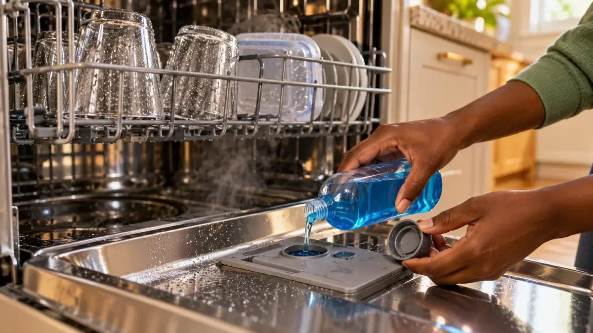 Pouring blue rinse aid into the dispenser on an open dishwasher door with wet glasses on the rack