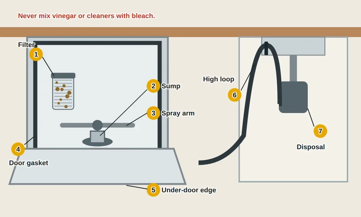 An open dishwasher with the bottom rack out showing the cylindrical filter twisted out of the tub floor with the flat screen under it, the sump opening, the lower spray arm, the rubber door gasket, and the bottom edge of the door that the gasket doesn't seal. Beside it, the cabinet under the sink shows the drain hose rising in a high loop fastened under the counter before reaching the disposal. Cleaning uses a cleaner or plain vinegar, never mixed with bleach.