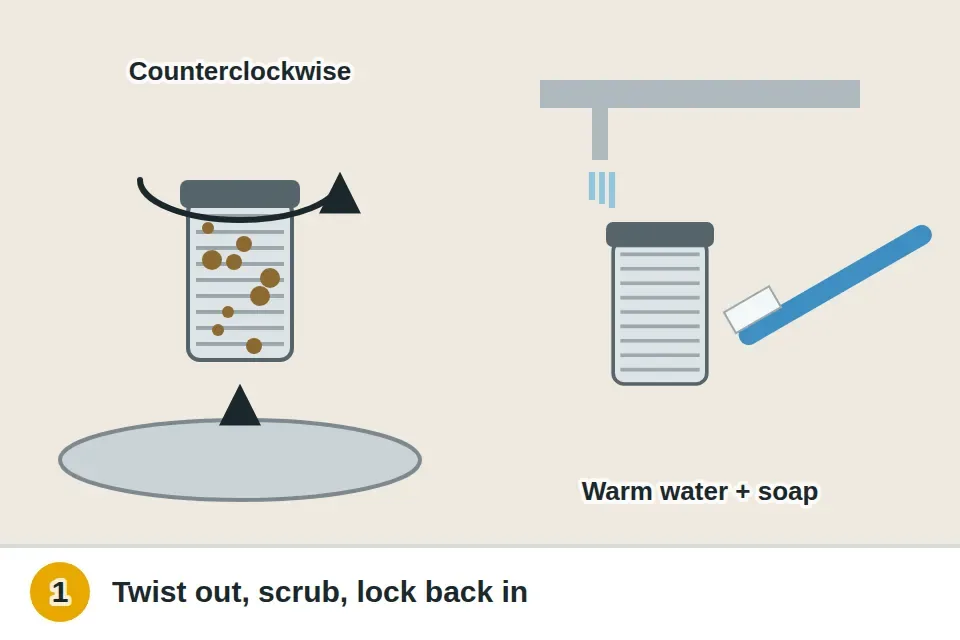 Bottom rack out, the cylindrical filter twisted counterclockwise and lifted from the tub floor, then scrubbed with a soft toothbrush and dish soap under warm water