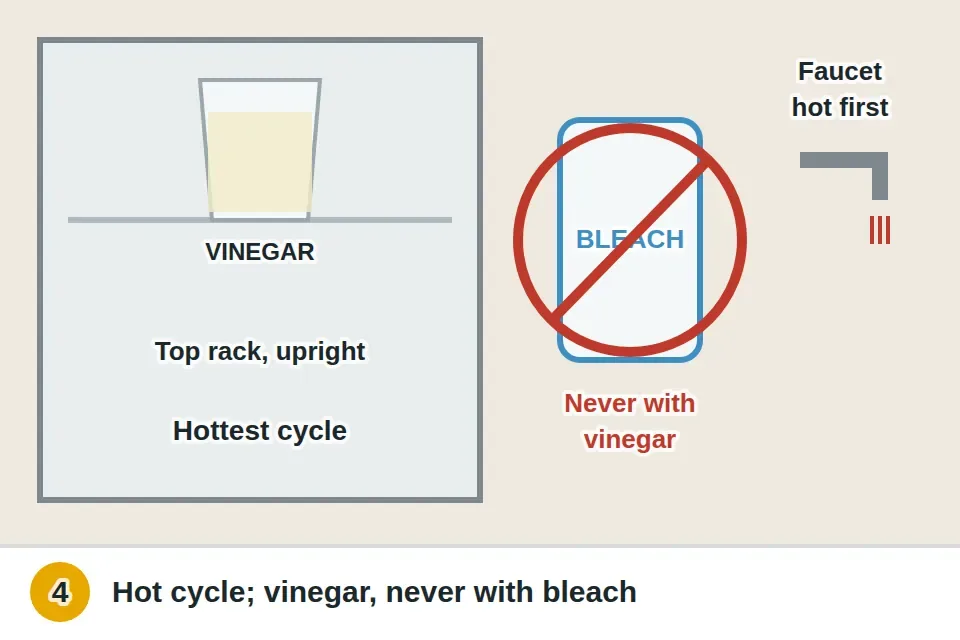 Empty dishwasher on its hottest cycle with a cup of plain white vinegar upright on the top rack, the kitchen faucet run hot first, and a bleach bottle crossed out next to the vinegar