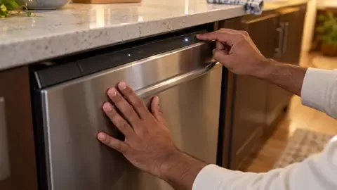 Pressing a dishwasher door shut while holding a button on the top-edge control panel